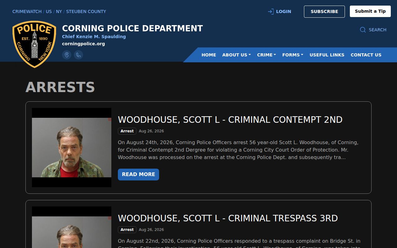 Steuben County Corning Police CrimeWatch arrest record interface